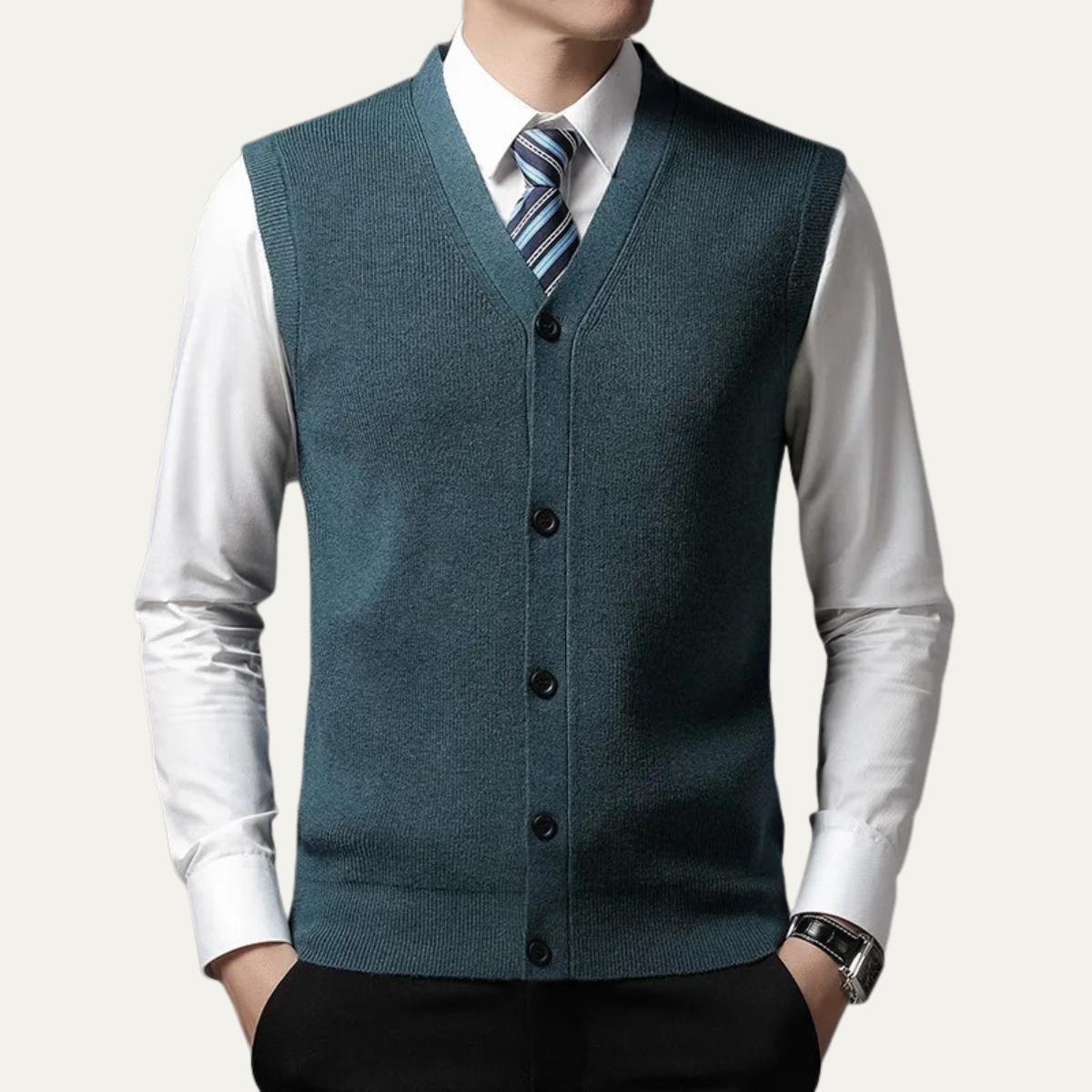 Men's teal V-neck sweater vest with button front and ribbed hem