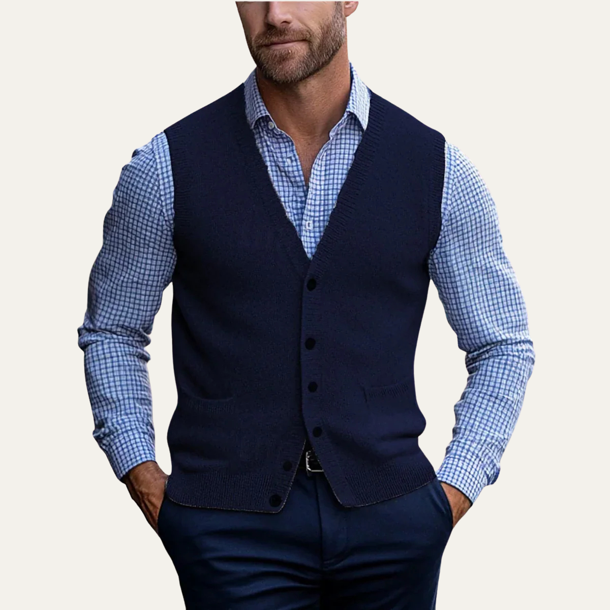 Navy blue knit vest, V-neck button-front with two chest pockets