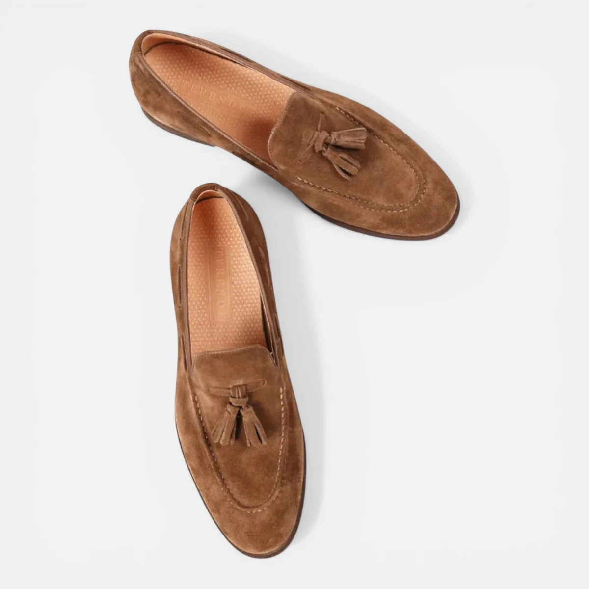 Men's faux leather tassel loafer in tan-brown, top and side views