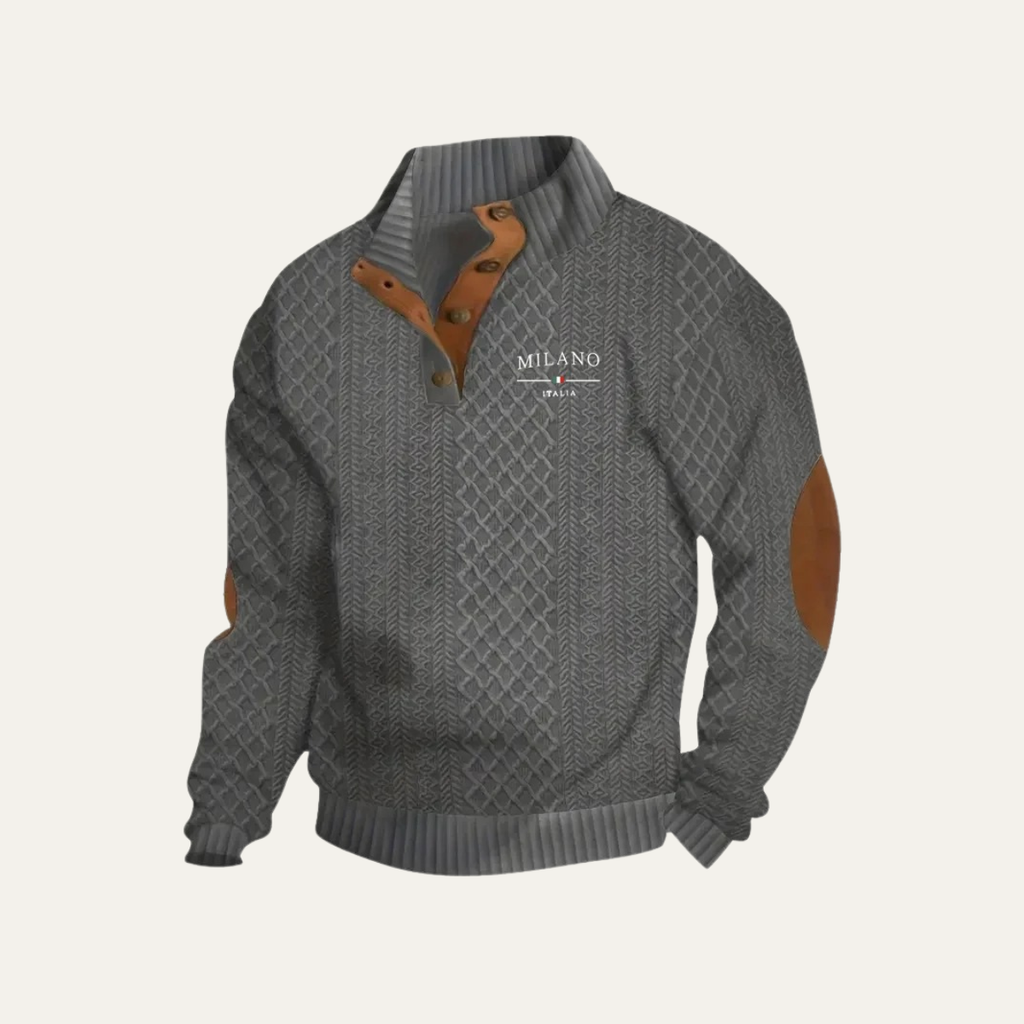 Men's quarter-zip knit sweater in gray with tan elbow patches and ribbed cuffs