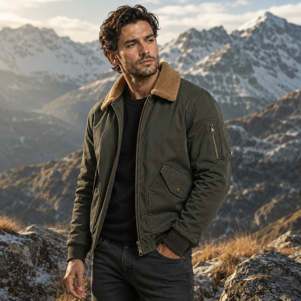 Men's army green sherpa-lined bomber jacket with tan collar and sleeve zip pocket