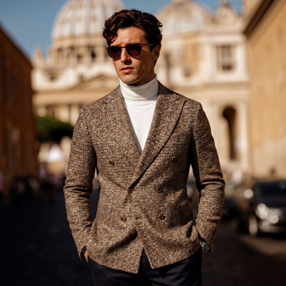 Men's brown herringbone tweed double-breasted blazer worn with dark trousers