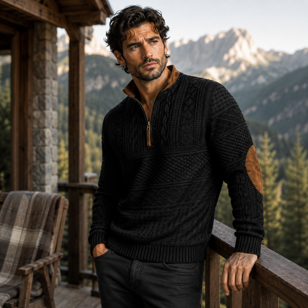 Men's black patterned half-zip sweater with elbow patches, ribbed hem and textured cable knit