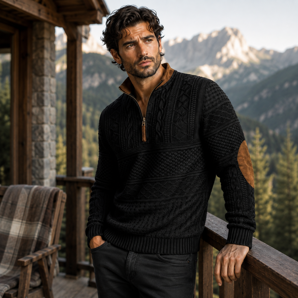 Men's black patterned half-zip sweater with elbow patches, ribbed hem and textured cable knit