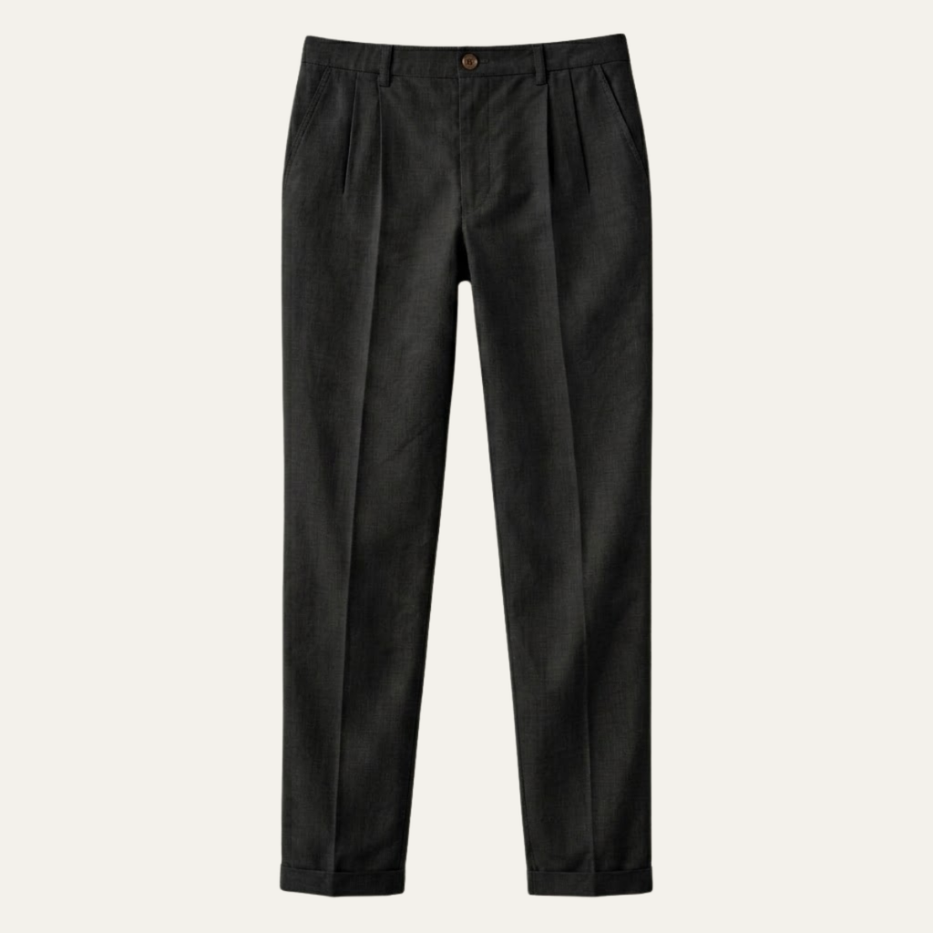Men's slim fit lightweight linen dress pants, black with pleated front and button waistband.