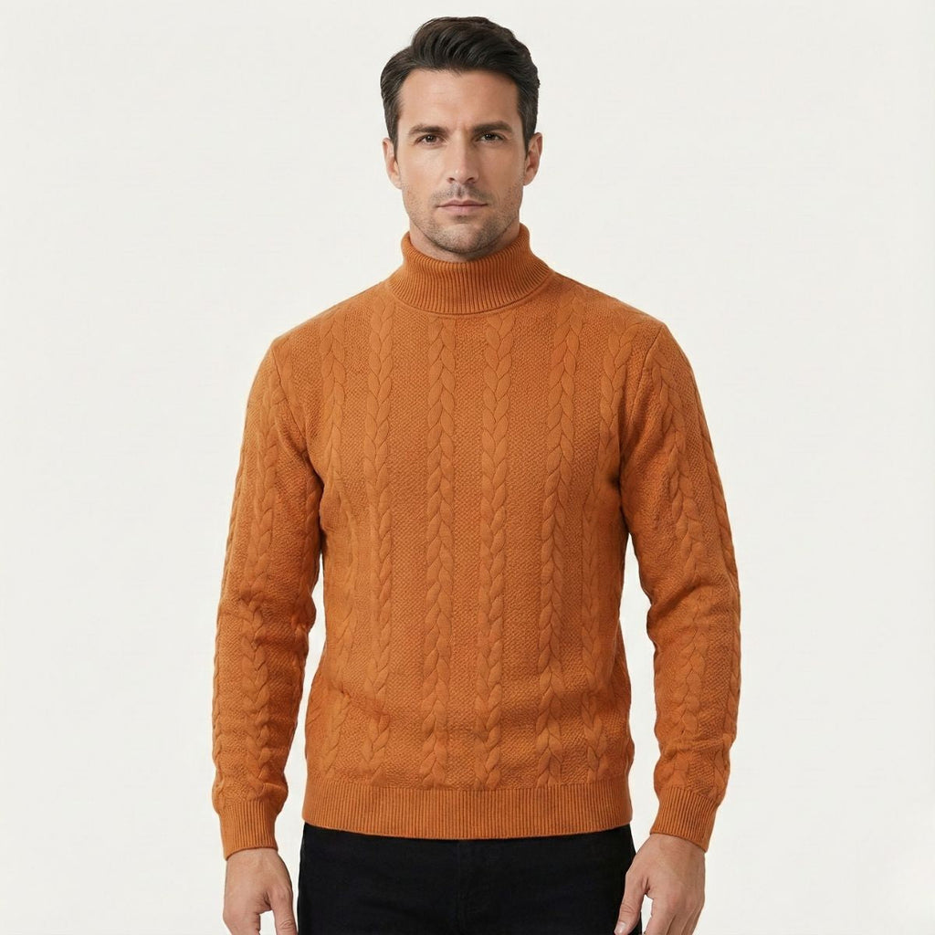 Men's orange cable knit turtleneck sweater on model, long sleeves