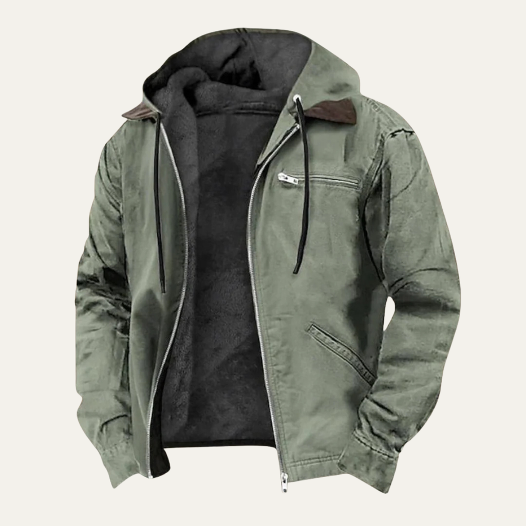Men’s hooded fleece-lined winter jacket in green, dark gray lining, zip front and pockets.