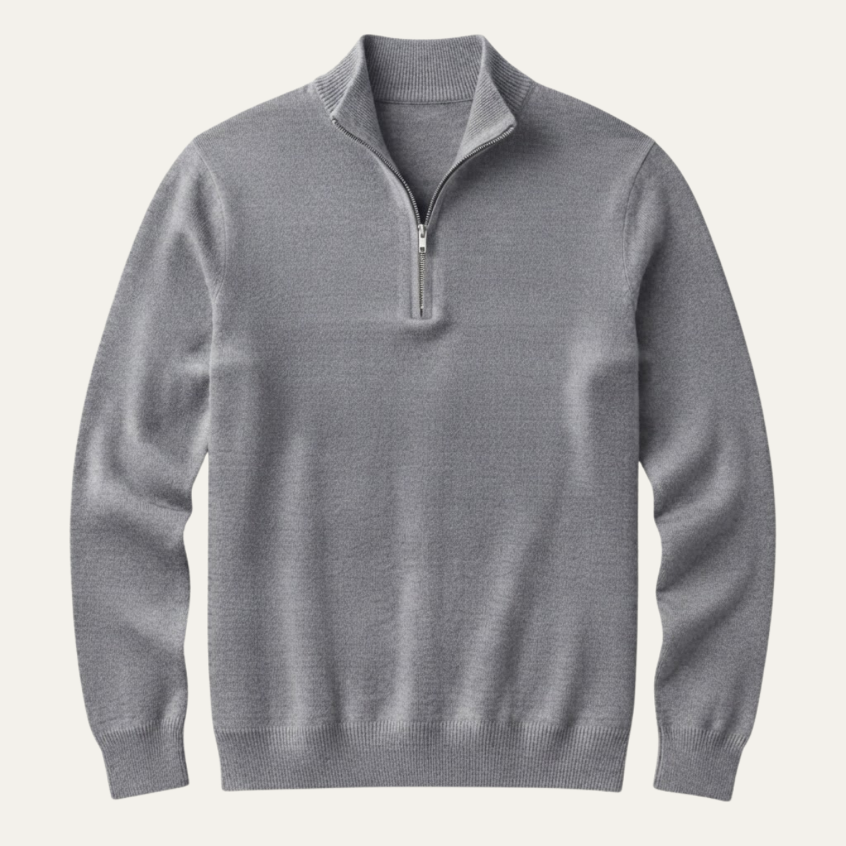 Men's quarter-zip mock neck sweater, heather gray knit with long sleeves