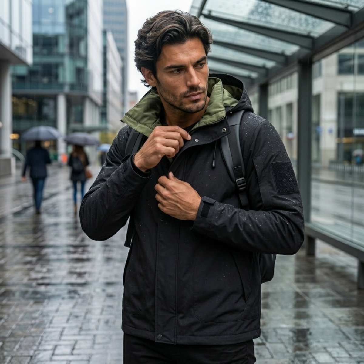 Black waterproof rain jacket with hood and zip front, drawstring cords, side pockets