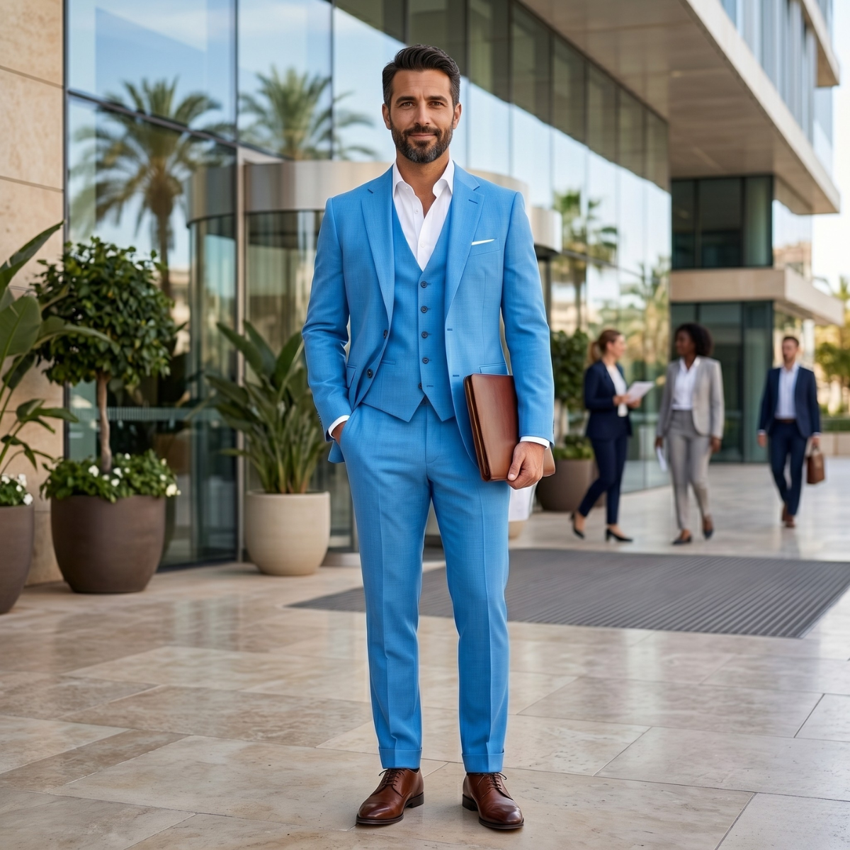 Men's slim-fit 3-piece suit in light sky blue with vest and trousers, worn with a white shirt