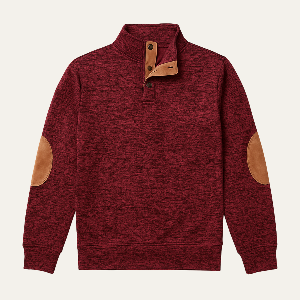 Men's burgundy knit sweater with quarter-zip placket and leather-look elbow patches