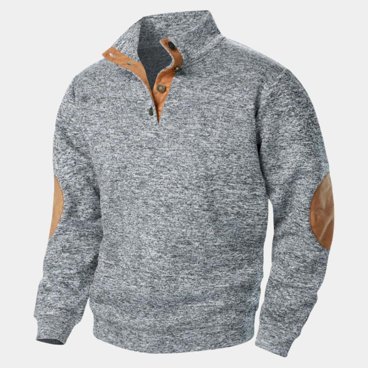 Men's light gray knit sweater with leather-look elbow patches and quarter-zip placket