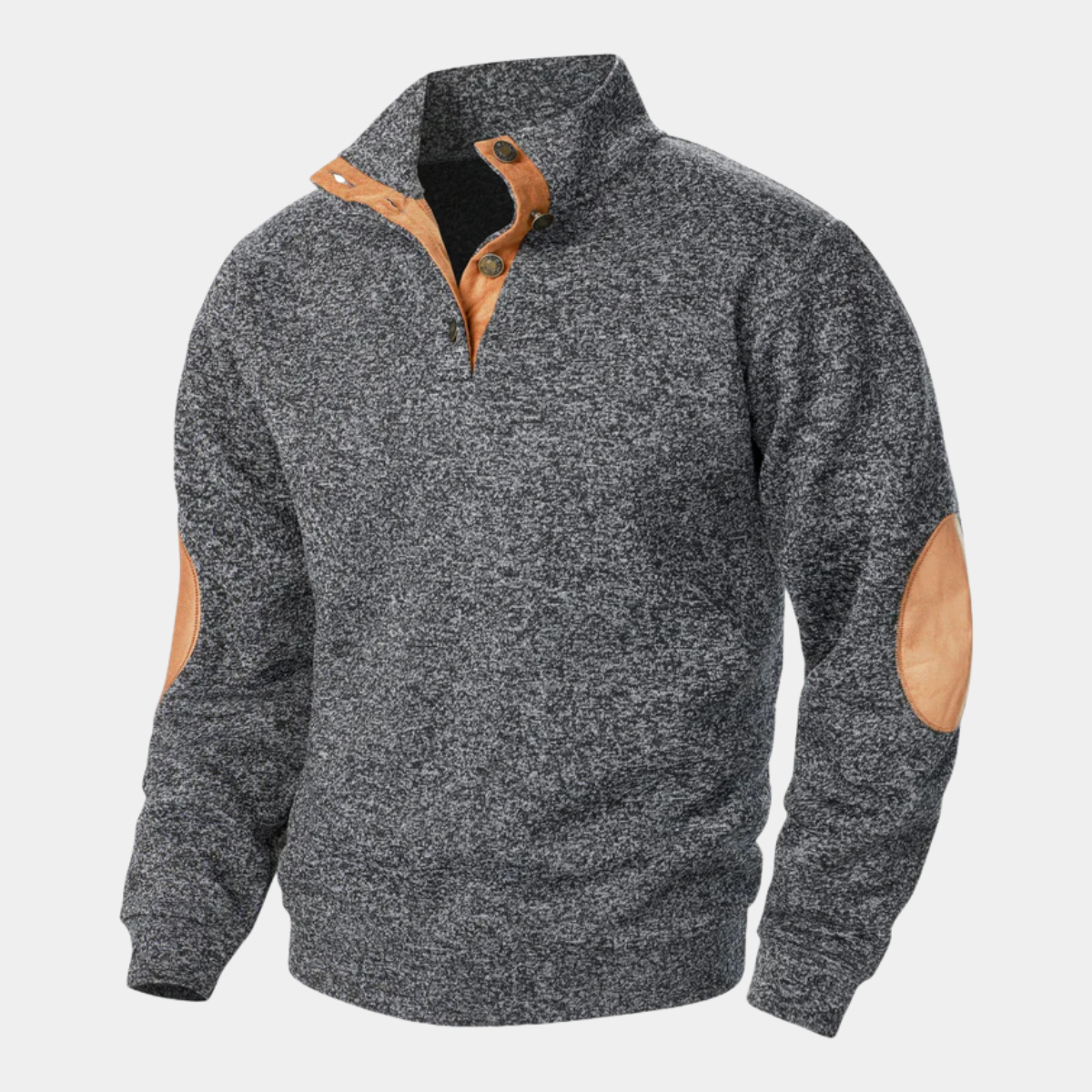 Men's light gray knit sweater with leather-look elbow patches, rear view