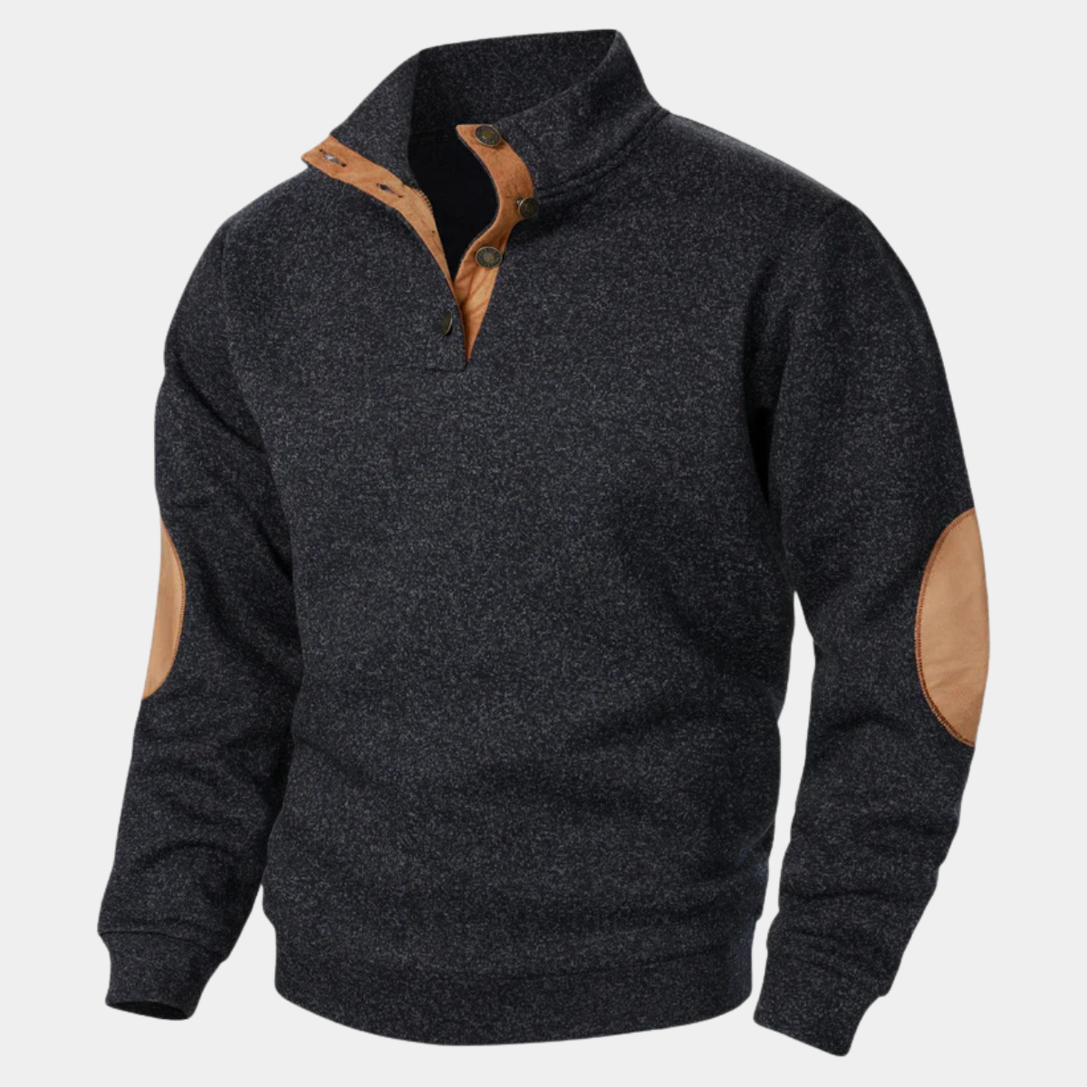 Men’s knitted sweater in charcoal heather with tan elbow patches and quarter-zip placket