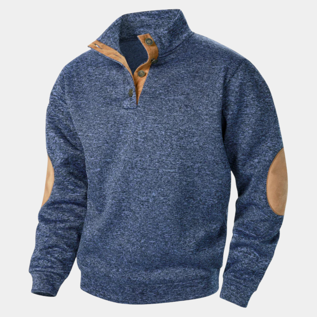 Men’s knitted sweater in heather blue with tan elbow patches and quarter-zip placket