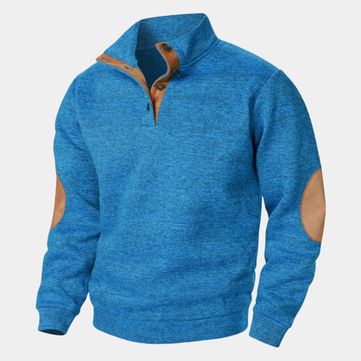 Men's blue knit sweater with leather-look elbow patches and quarter-zip placket