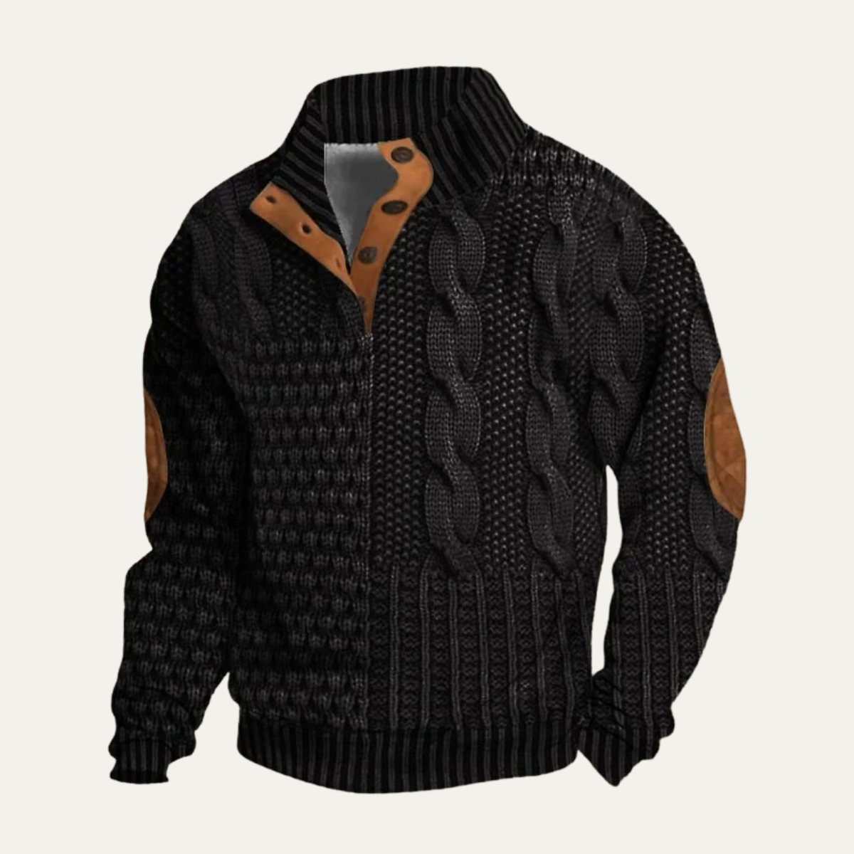 Men’s dark knit sweater with raised cable pattern, ribbed cuffs, and leather-style collar