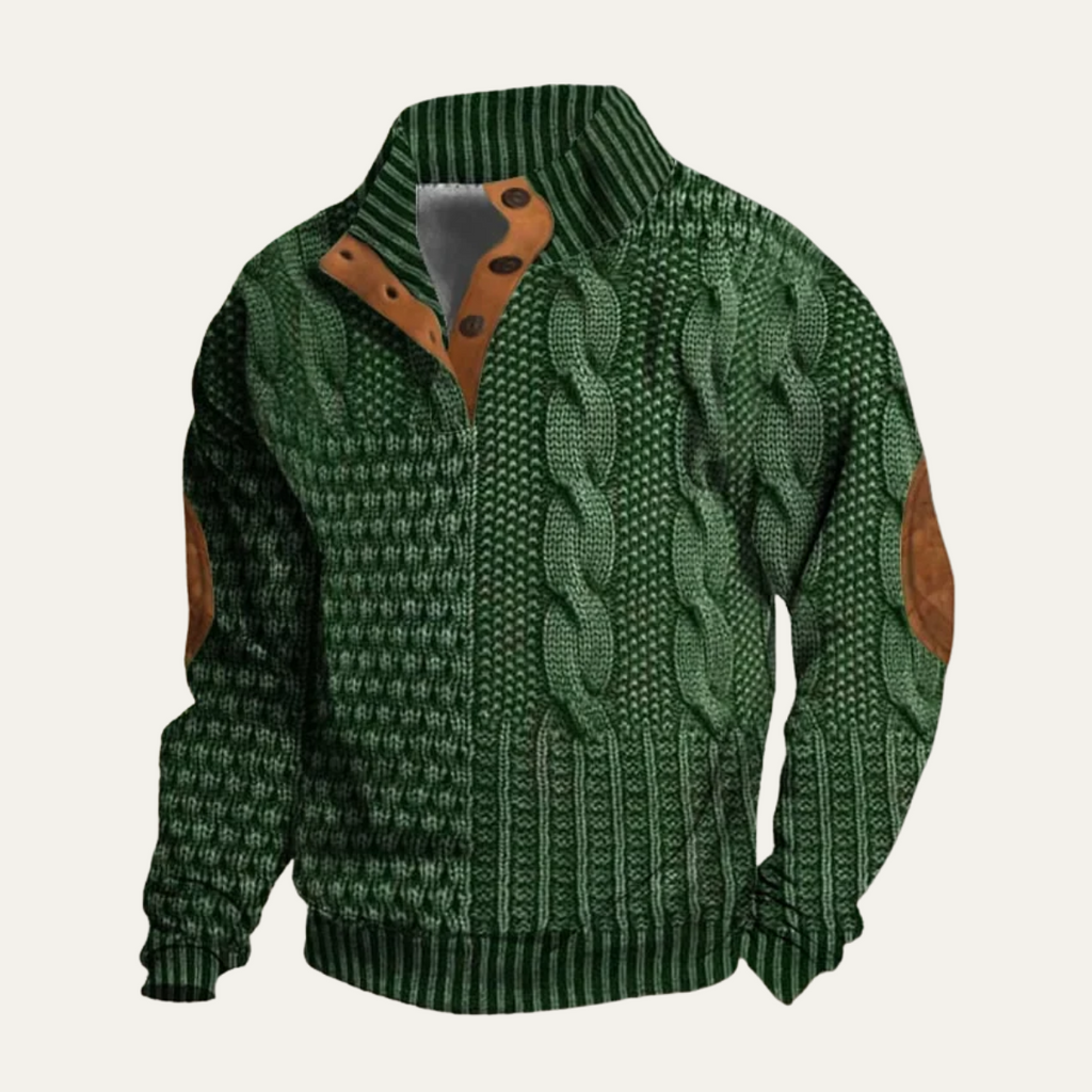 Men’s green knit sweater with cable pattern, ribbed cuffs, and leather-style collar trim