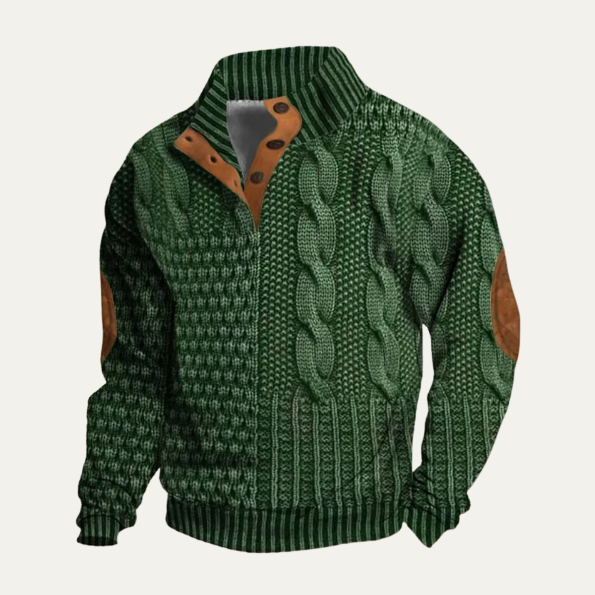 Men’s green knit sweater with cable pattern, ribbed cuffs, and leather-style collar trim