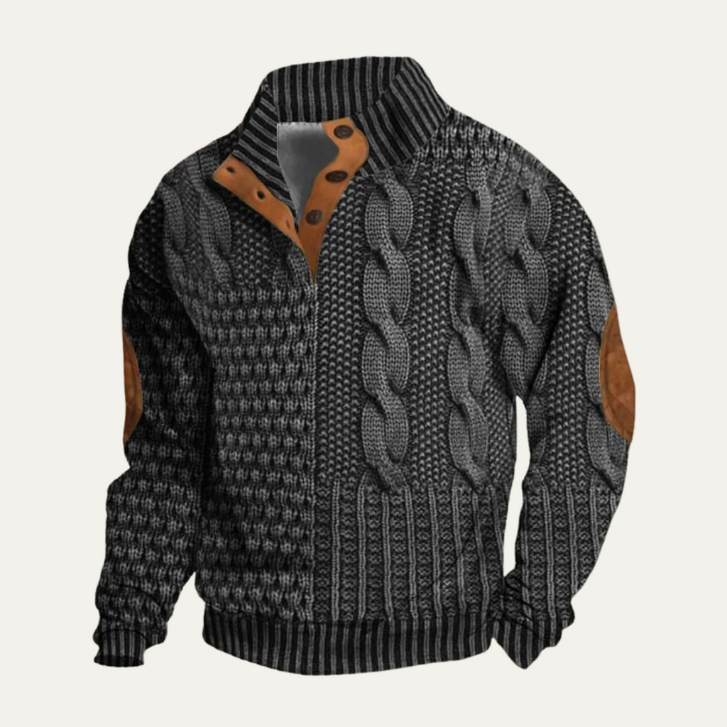 Men’s dark knit sweater with cable pattern, ribbed hem, and leather-style collar trim