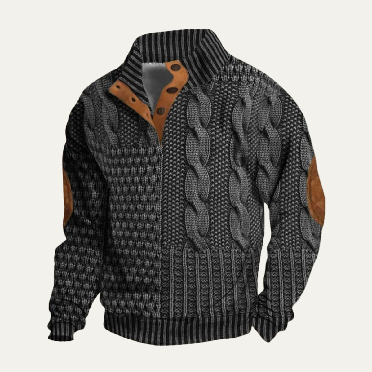 Men’s dark knit sweater with cable pattern, ribbed hem, and leather-style collar trim