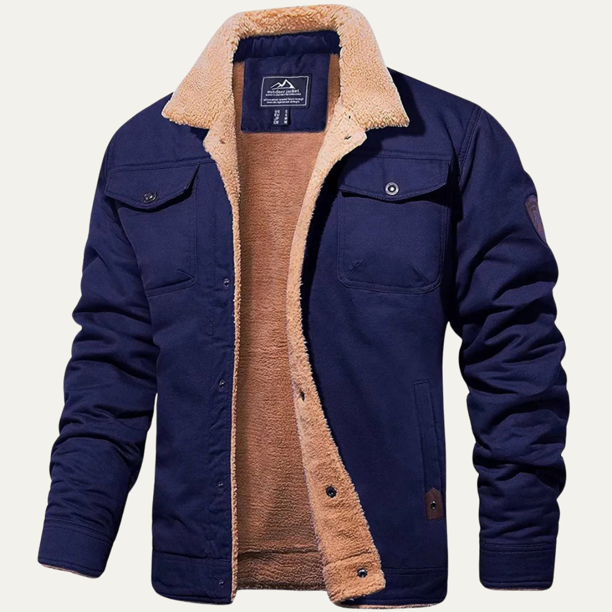Men's winter coat in navy with tan sherpa fleece lining and button front
