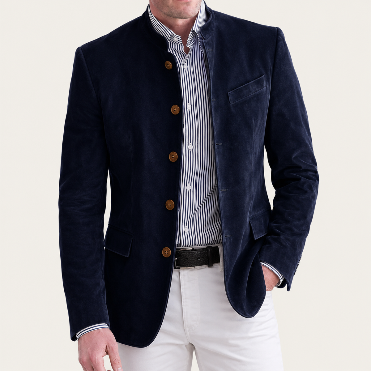Men's tailored office blazer, navy with notch lapel and button front, flap pockets