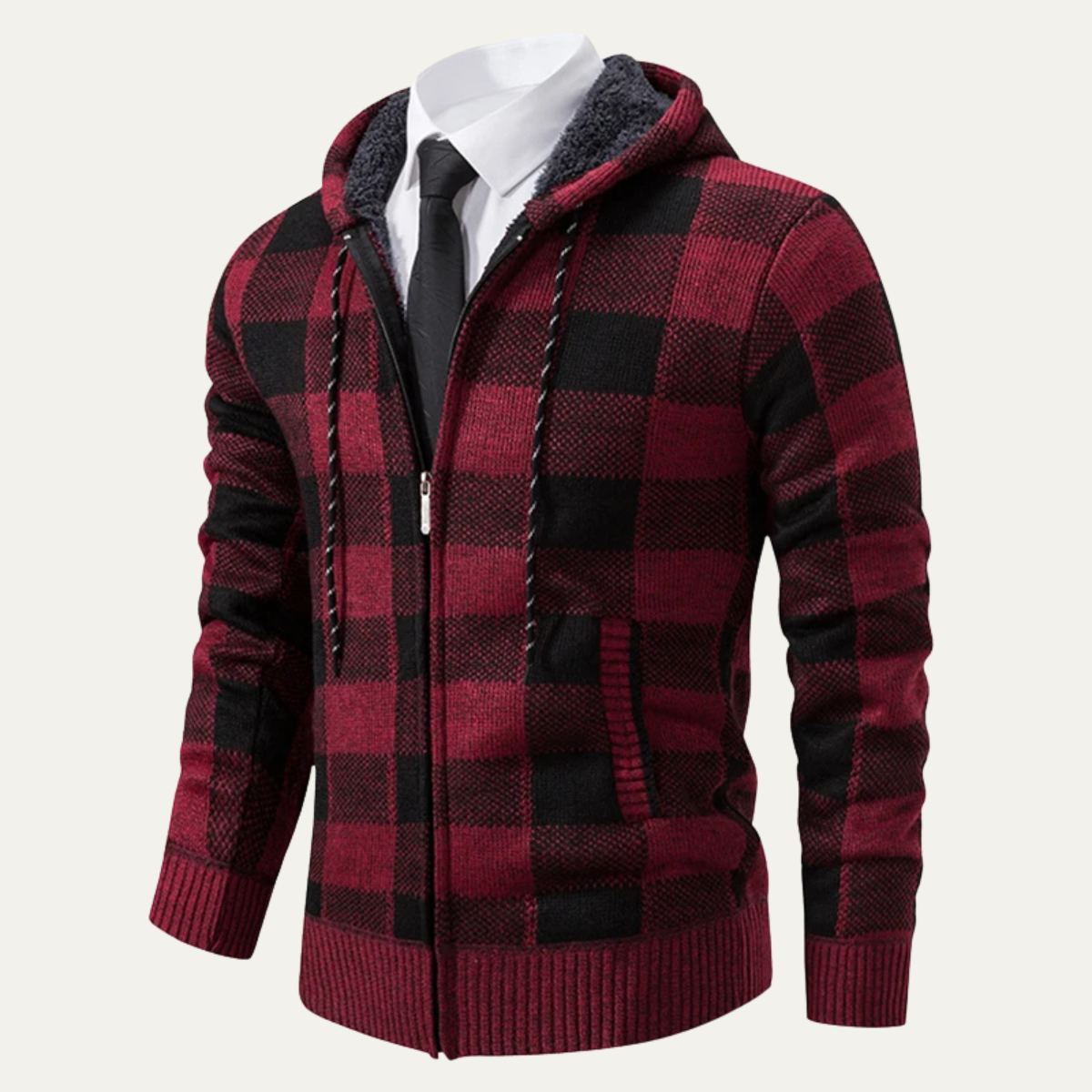 Men’s plaid zip-up hoodie in wine red and black, hood with drawstring, front zipper, ribbed cuffs