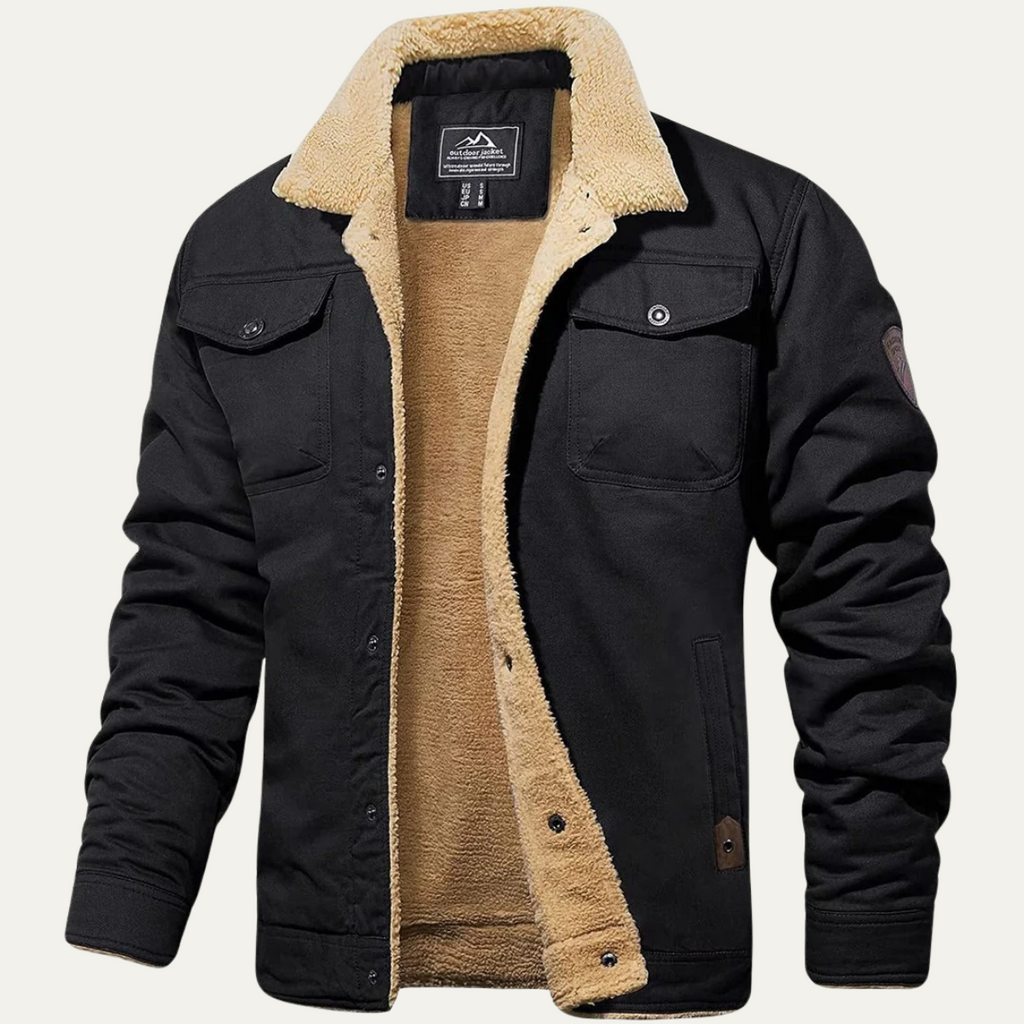 Men’s winter coat in dark navy with tan fleece lining and snap pockets