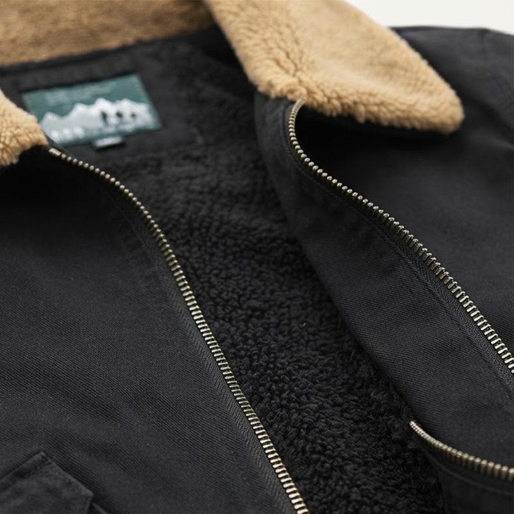 Men's black sherpa lining with front zipper and tan textured stand collar