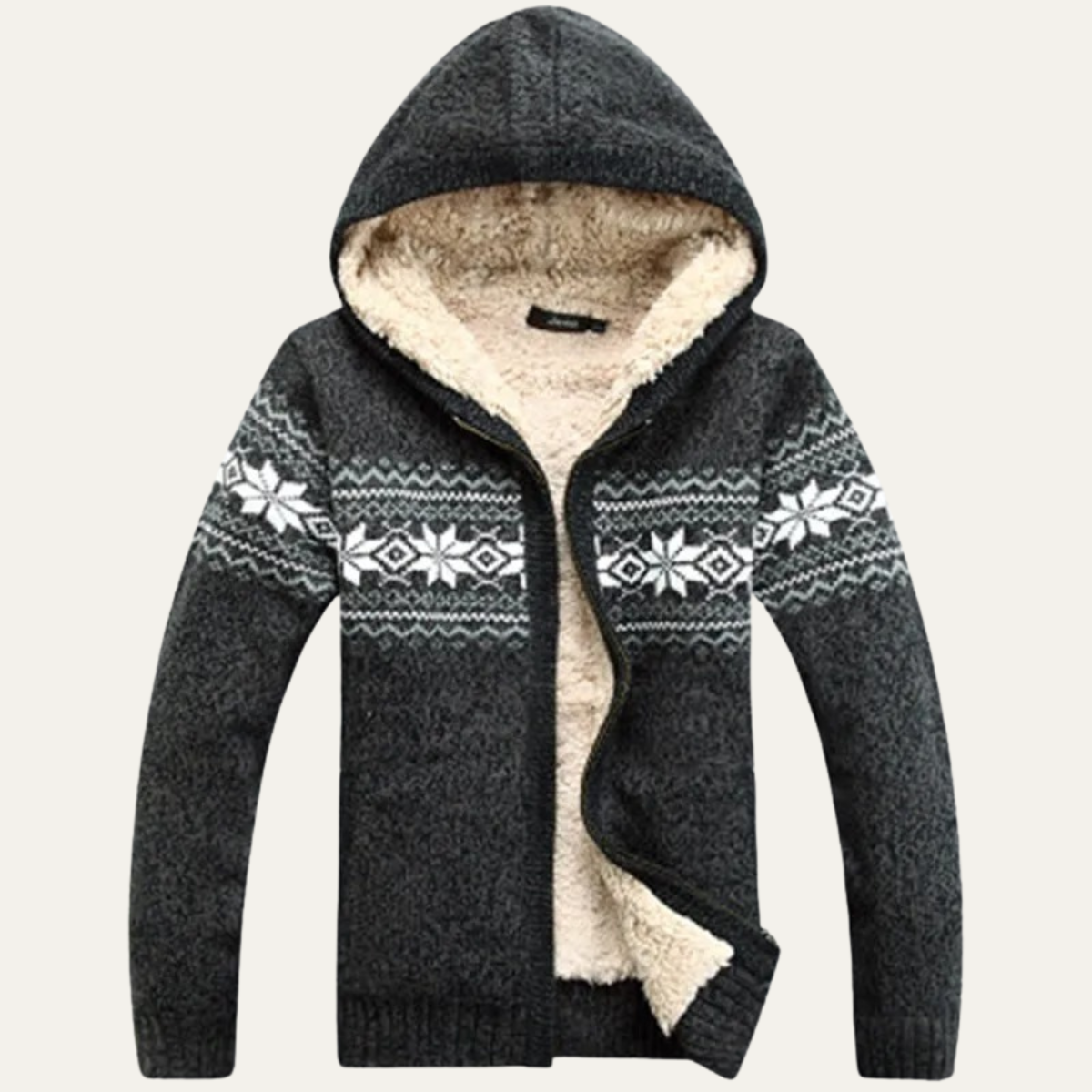 Dark gray sherpa-lined zip-up cardigan with hood and black Nordic knit pattern