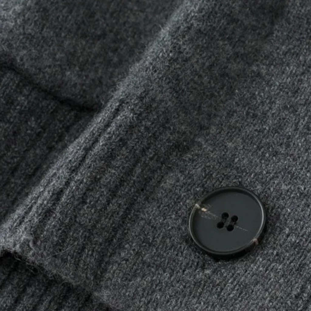 Dark gray knit cardigan with round button closure detail