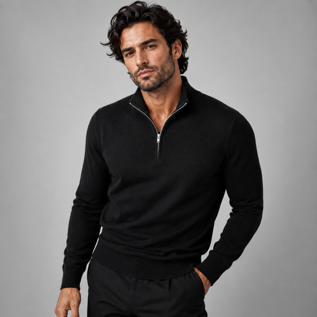 Men's quarter-zip mock neck sweater in black on model, long sleeves