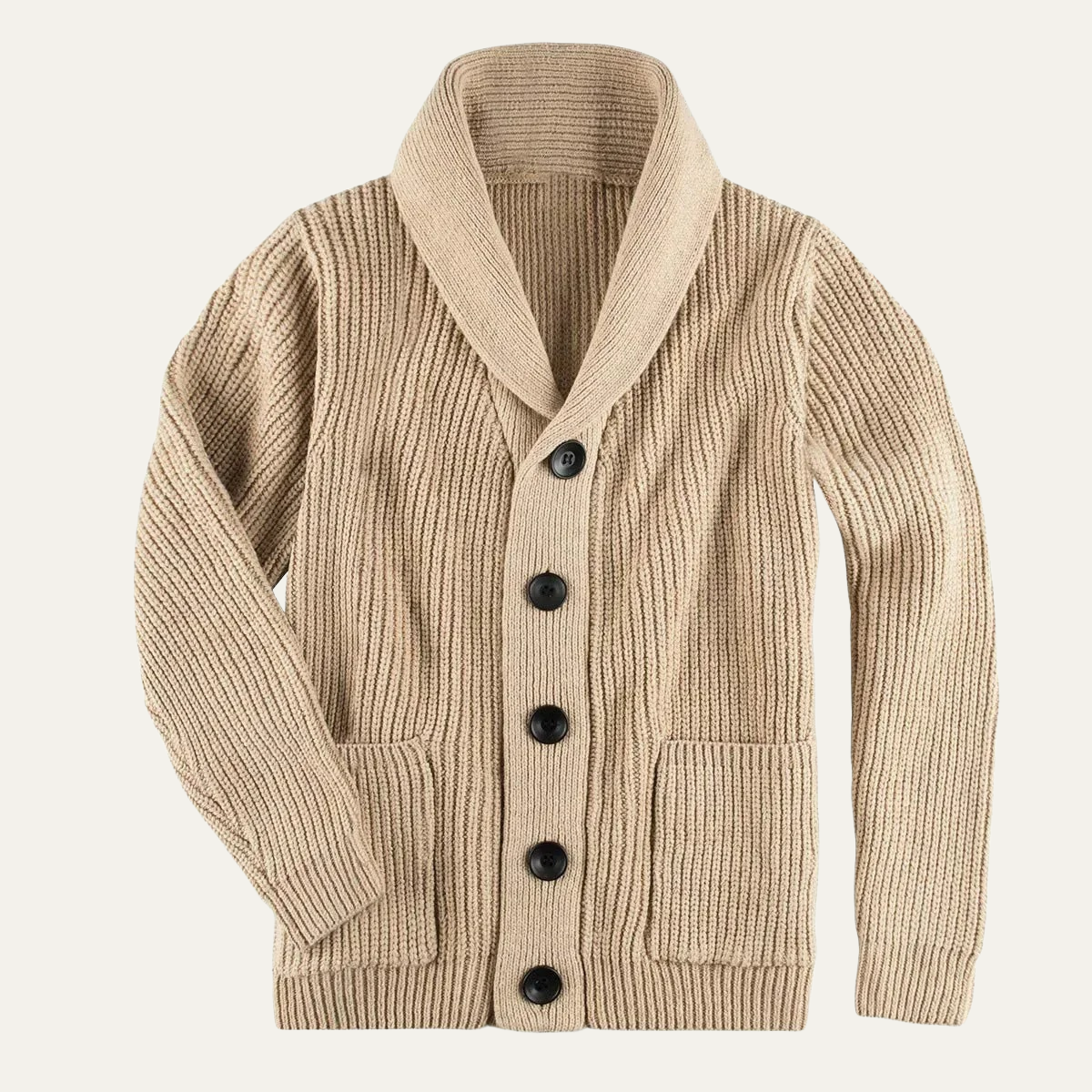 Men's khaki chunky knit cardigan with shawl collar and dark button front