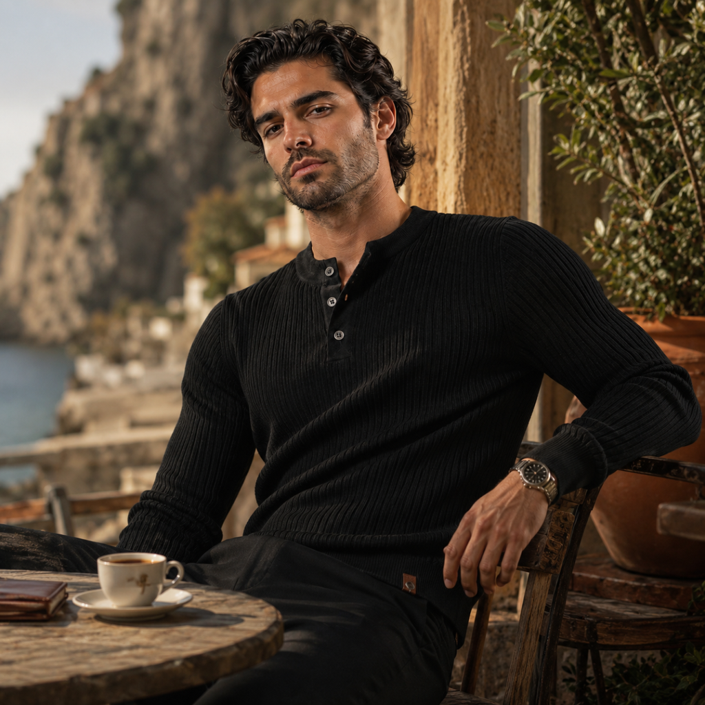 Black ribbed knit men's henley sweater with button placket and long sleeves