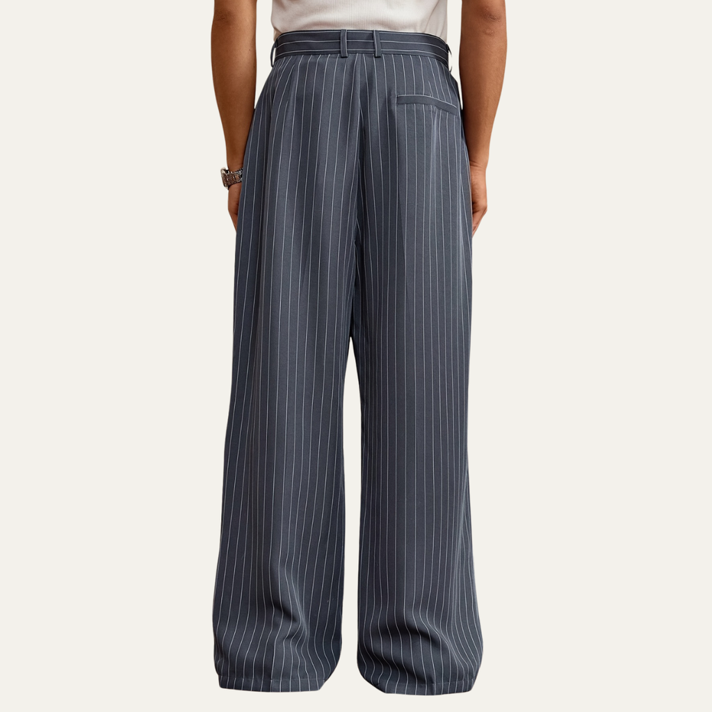 Navy pinstripe wide-leg dress pants with structured waistband and straight legs