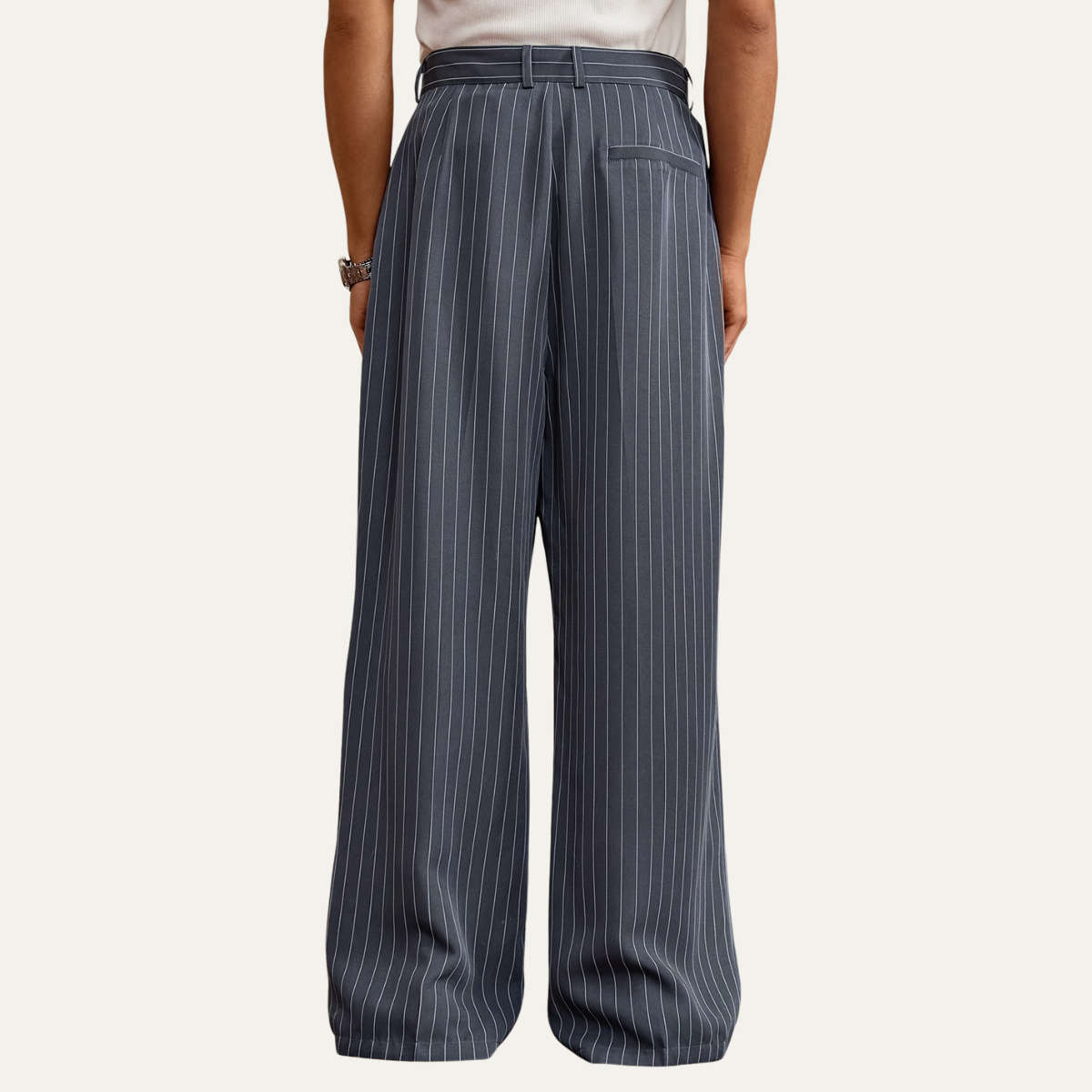 Navy pinstripe wide-leg dress pants with structured waistband and straight legs