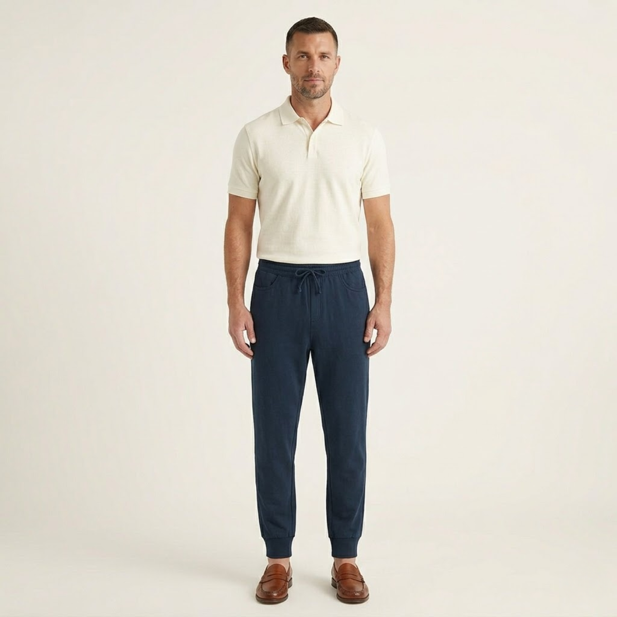Marine blue cotton jogger pants on model with elastic waist, drawstring, and tapered cuffs