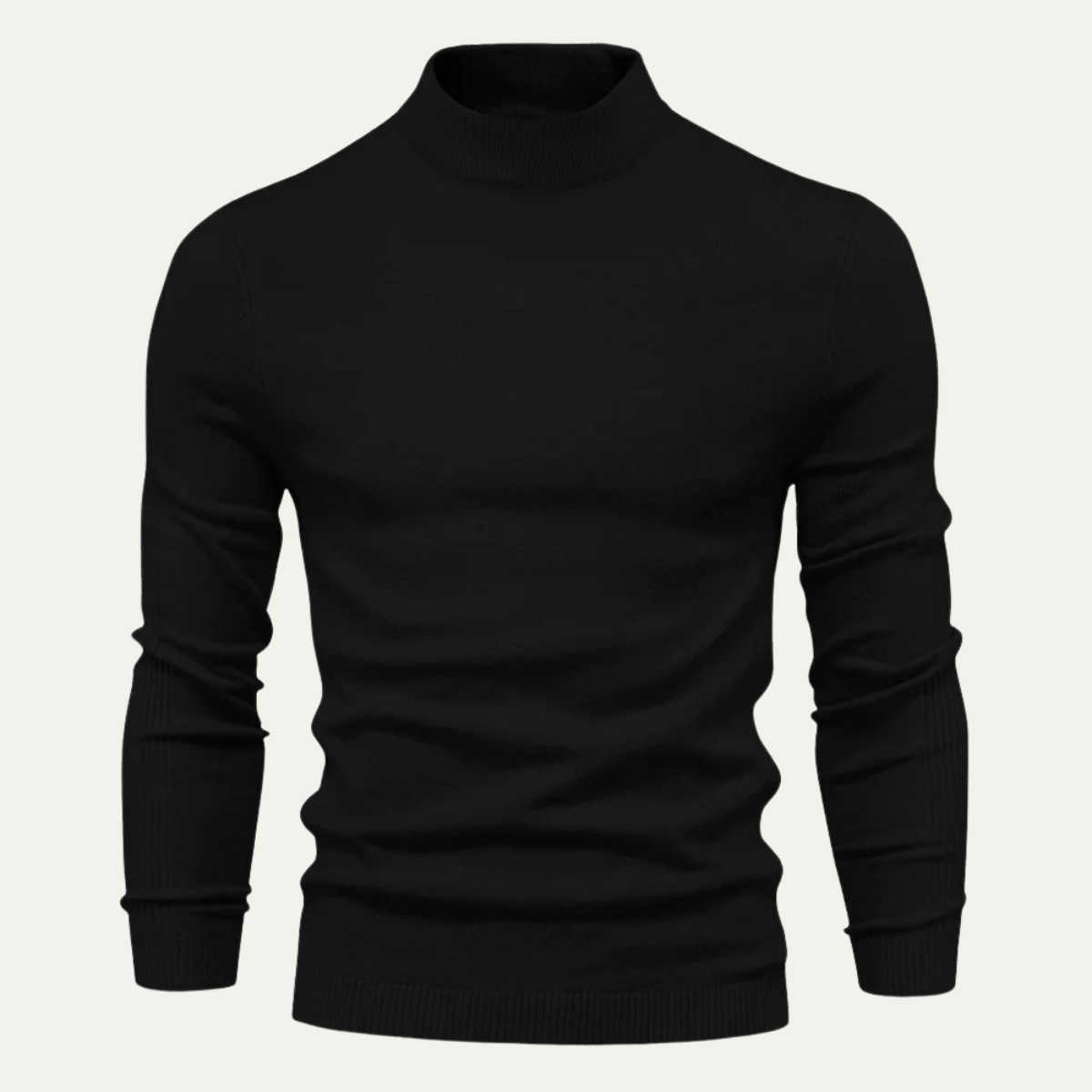 Black turtleneck sweater with long sleeves and ribbed collar close fit