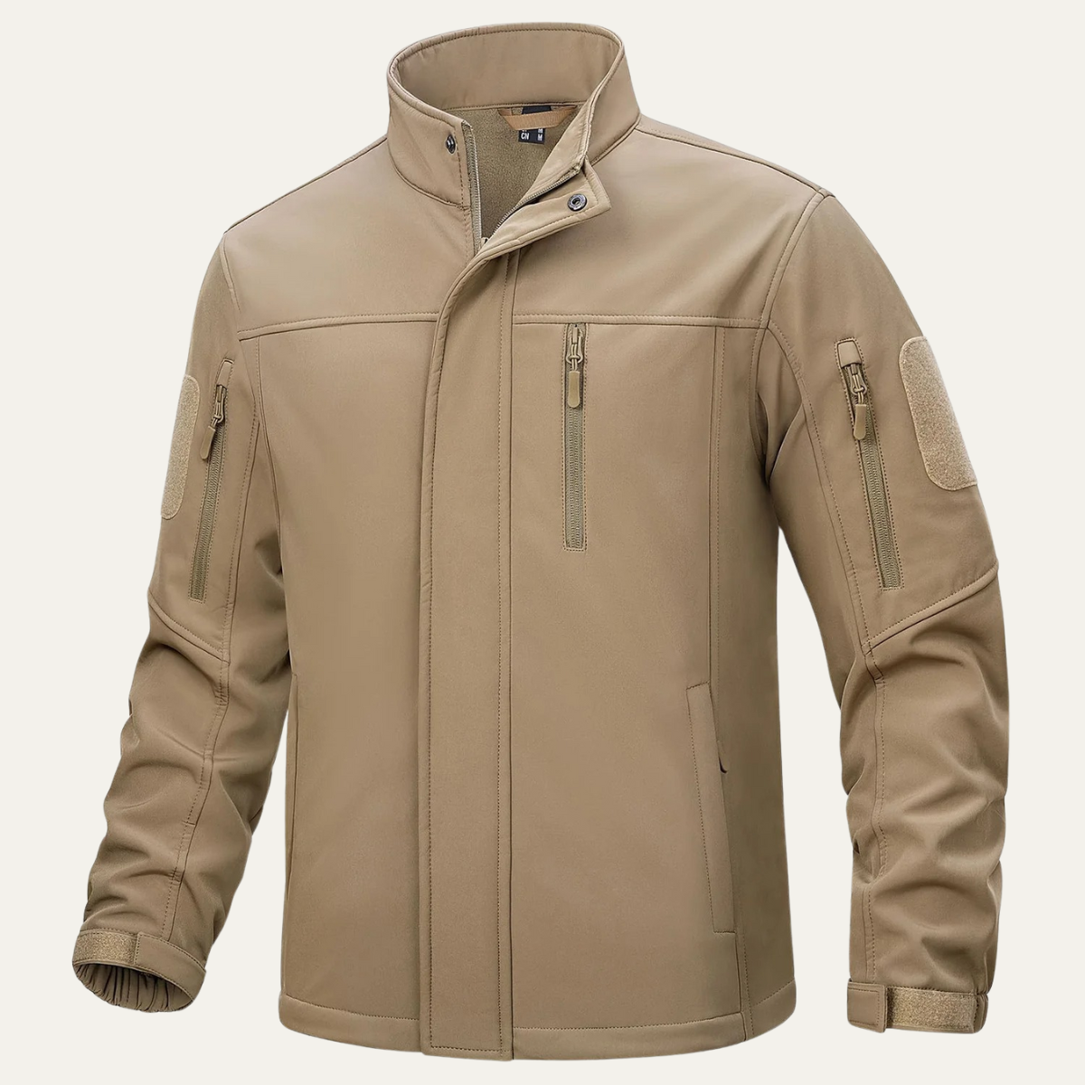 Men's tactical windproof jacket, khaki full-zip with stand collar and zip chest pocket