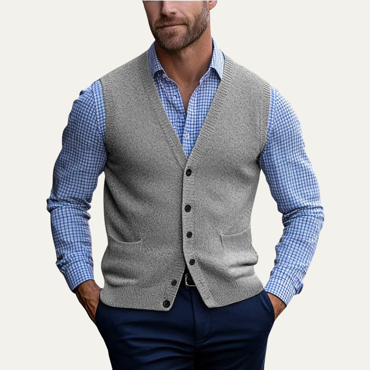Light gray knit vest, V-neck button-front with two chest pockets