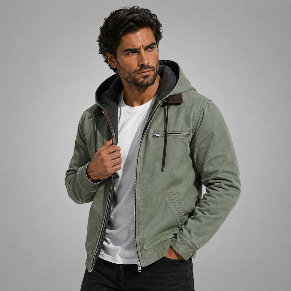Men’s hooded fleece-lined winter jacket in green, zip front with drawstring hood and pockets.