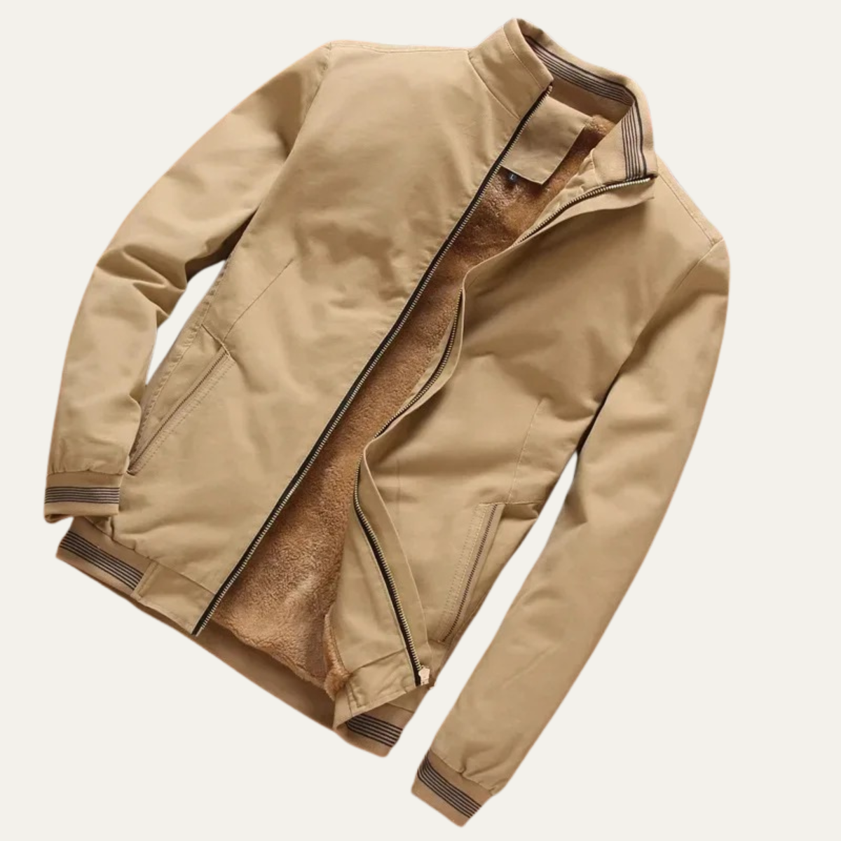 Light khaki men's sherpa-lined bomber jacket with zip front and ribbed cuffs