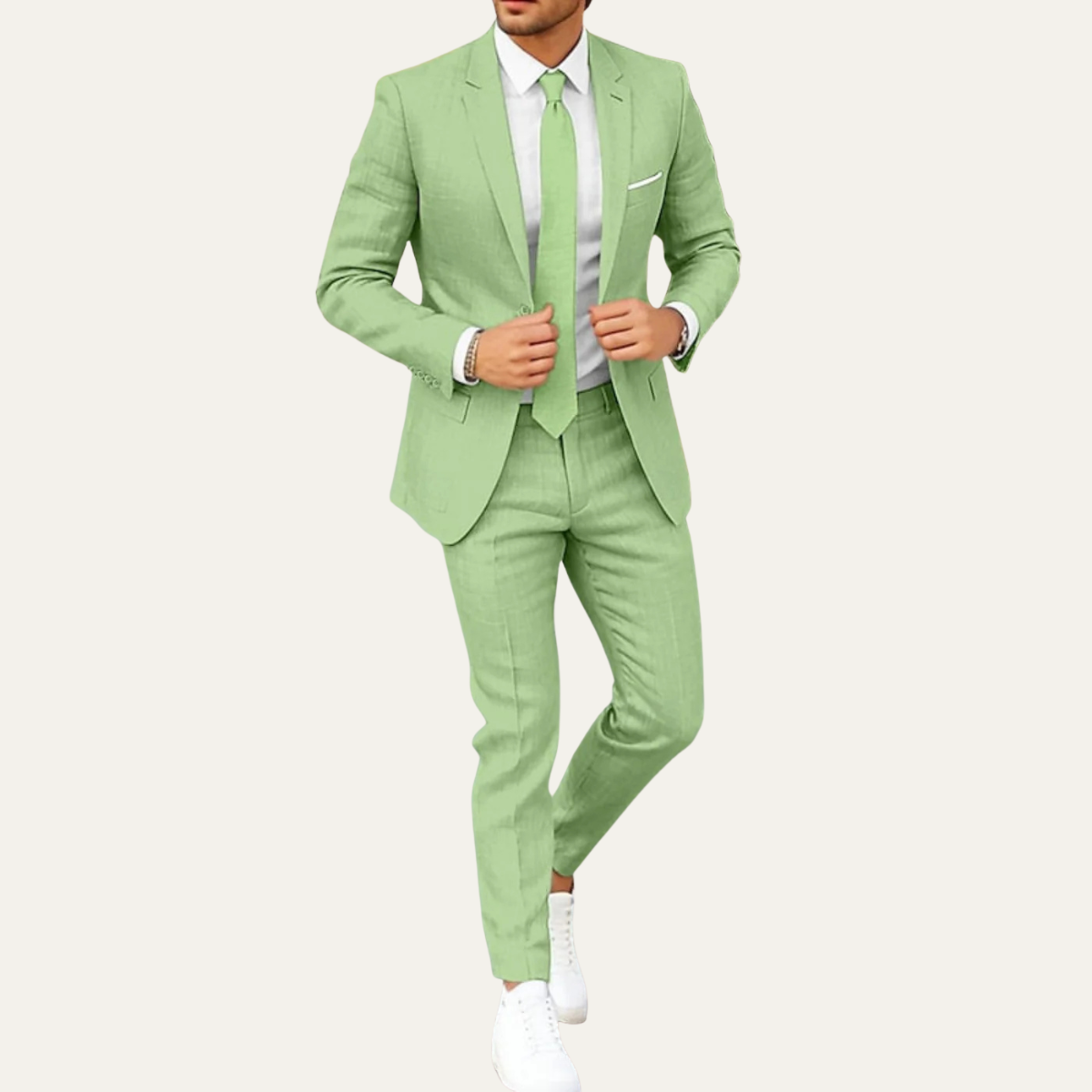 Men's lightweight green suit set with matching blazer and dress pants