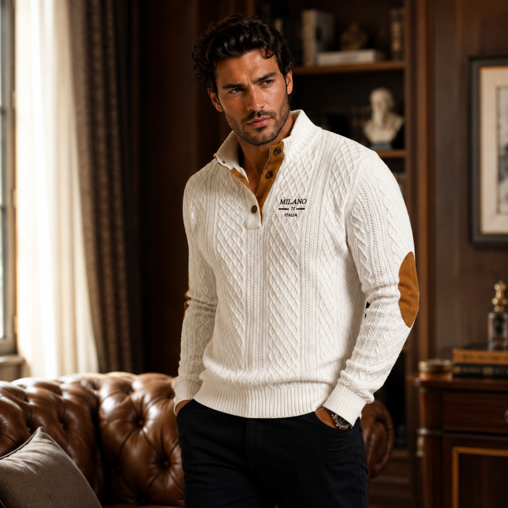 Men's white knit quarter-zip sweater with brown collar placket and ribbed hem