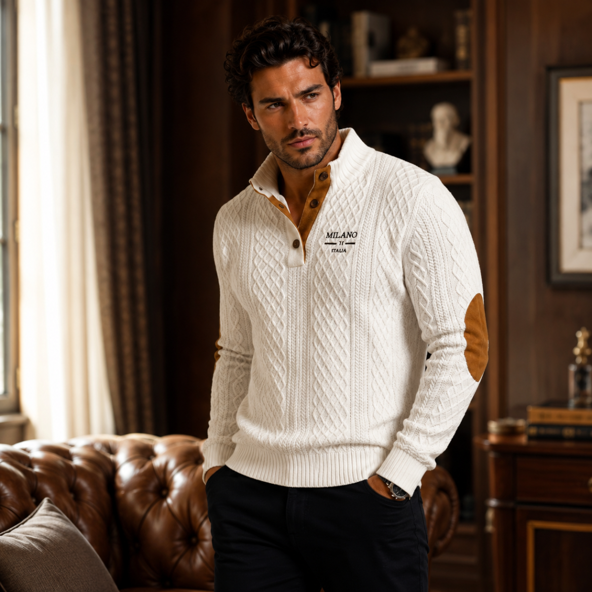 Men's white knit quarter-zip sweater with brown collar placket and ribbed hem