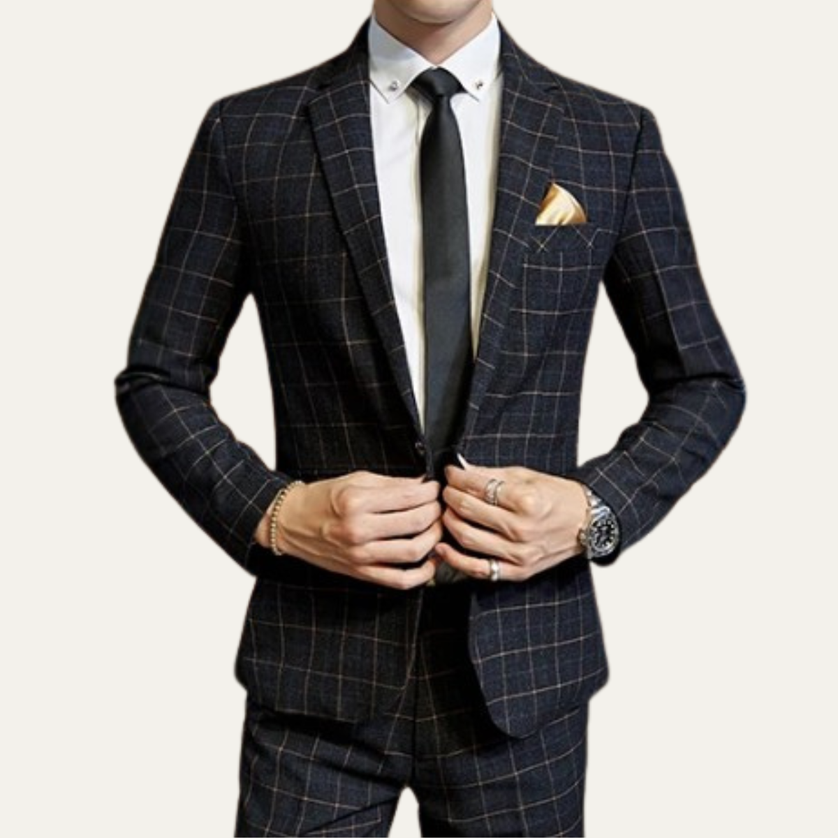 Men’s plaid slim-fit suit jacket and vest with dark tie, tailored slim silhouette