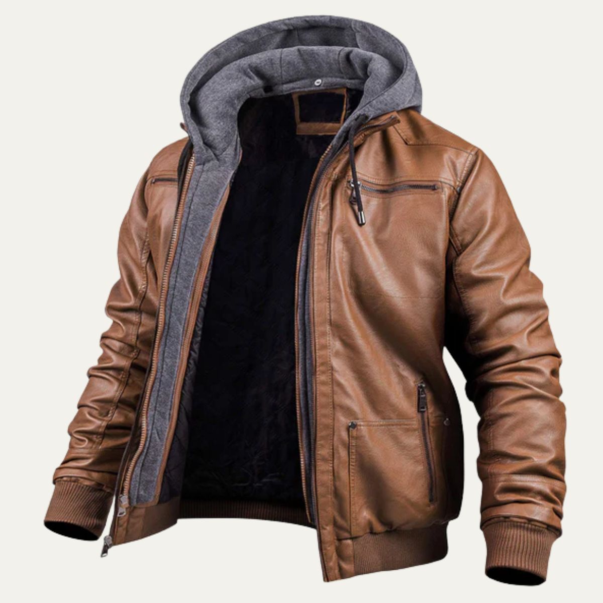 Men's brown hooded leather bomber jacket with front zip and ribbed sleeve cuffs