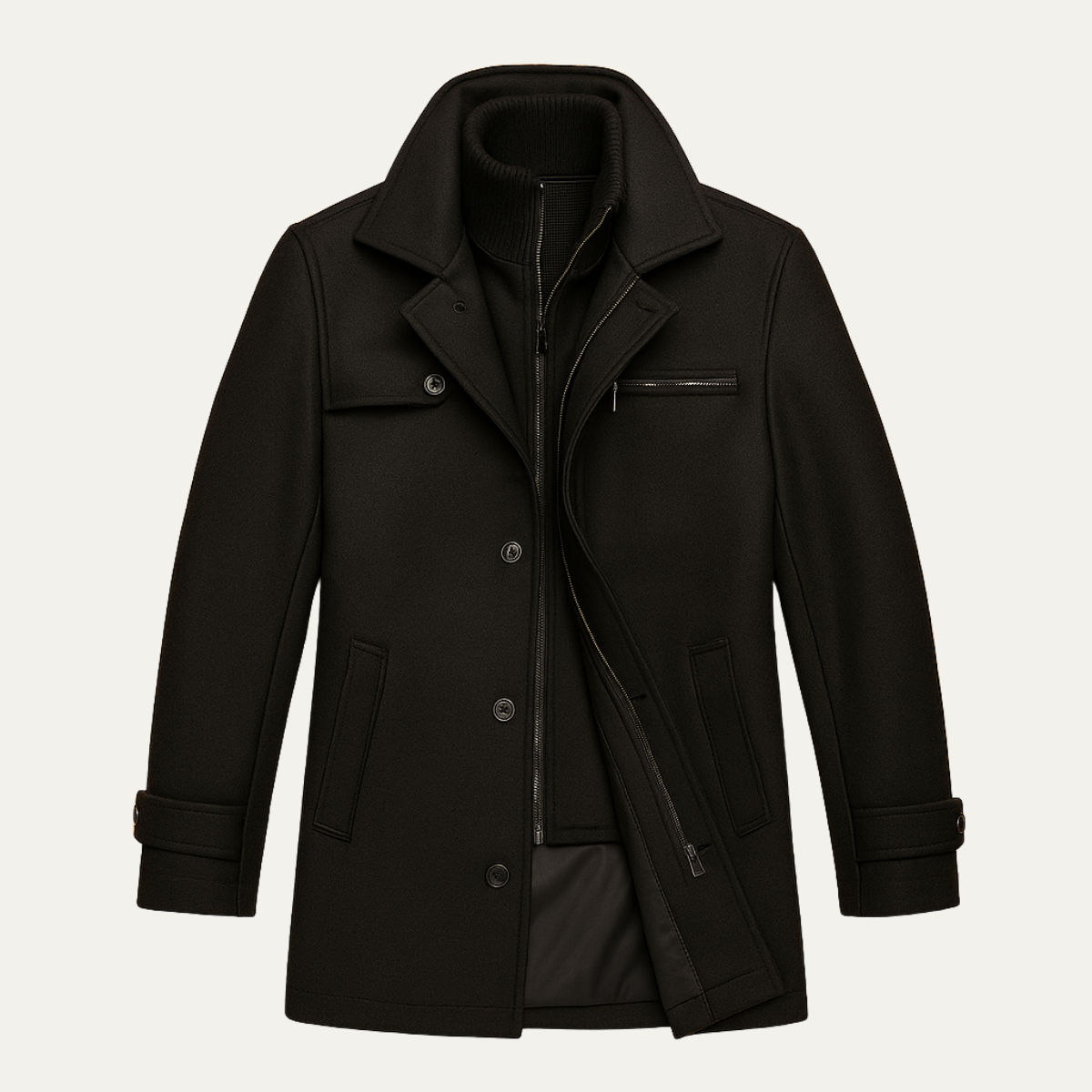 Men's black long jacket with stand collar, button placket, and zip pocket on chest