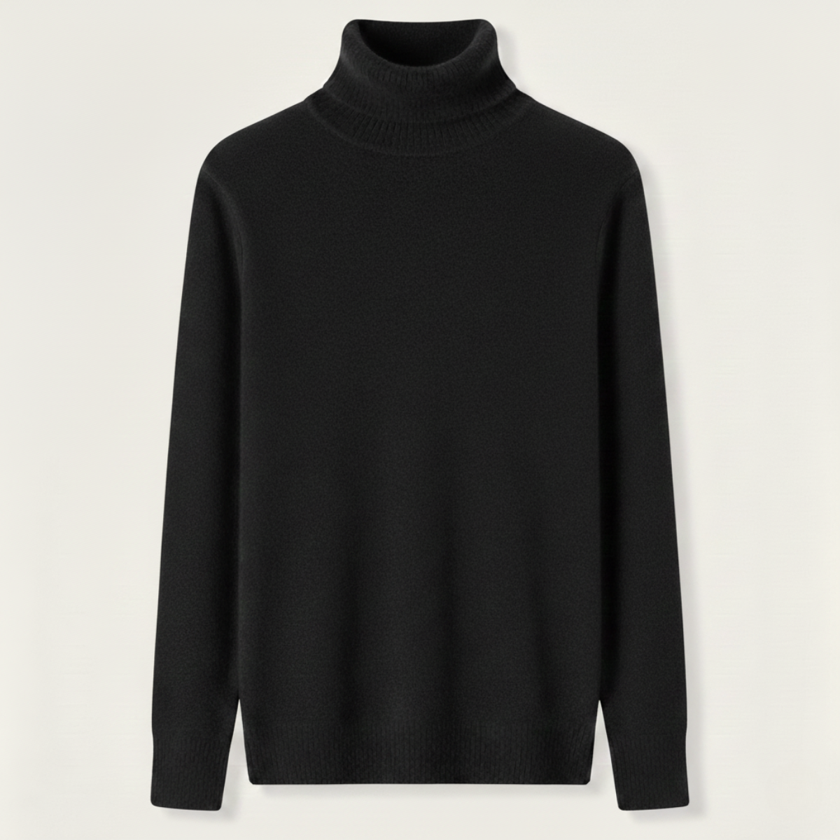 Black men's turtleneck sweater with ribbed collar and cuffs
